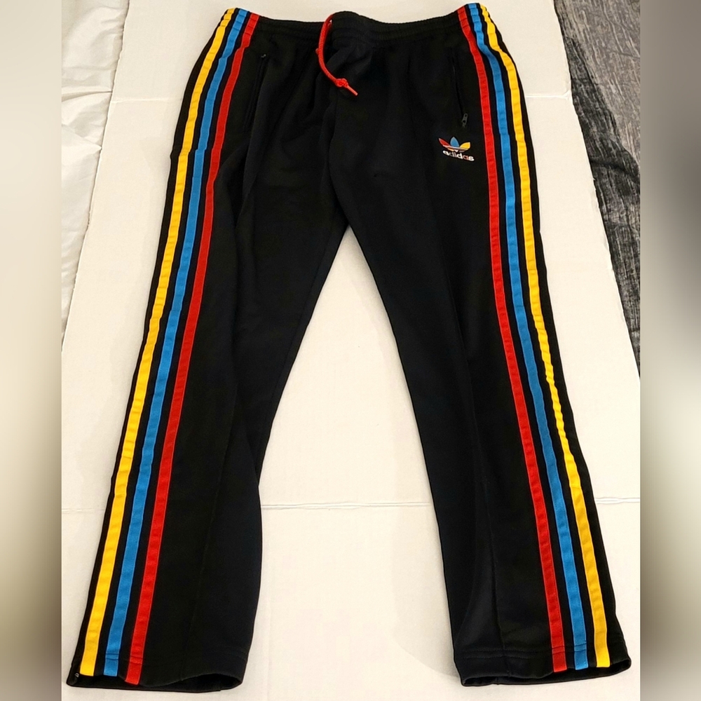 RARE Adidas Women's Medium Track Pants Black with Multicolor Stripes Tapered Zip